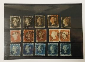 SELECTION OF FIVE PENNY BLACK, RED PENNY & TWO PENCE BLUE STAMPS