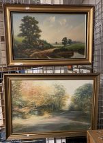 2 GILT FRAMED OILON CANVAS - COUNTRY SCENES LARGEST 90CMS X 60CMS APPROX