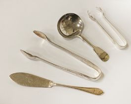 2 H/M SILVER SUGAR TONGS, CADDY SPOON & KNIFE - 2OZS APPROX