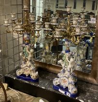 PAIR OF LARGE PORCELAIN & BRONZE CHERUB & CANDELABRA