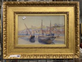 GILT FRAMED WATERCOLOUR - WHITBY TOWN SCENE 60CMS X 45CMS - OUTER FRAME