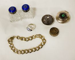 COLLECTION OF H/M SILVER ITEMS TO INCLUDE ENAMELLED TOP CUT GLASS BOTTLES & OTHER