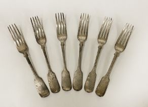 6 VICTORIAN H/M SILVER FORKS (approximate weight 14 ounces)