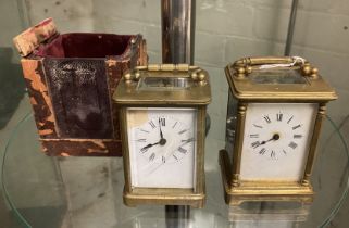 2 BRASS FRENCH CARRIAGE CLOCKS A/F 1 WITH CASE & KEY