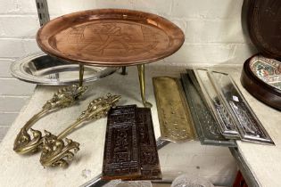MIXTURE OF INTERESTING DOOR PLATES WITH TWO COPPER DISHES