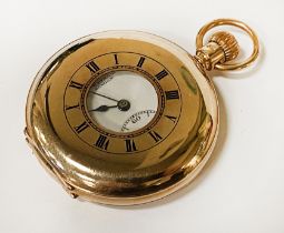 9CT GOLD HALF HUNTER POCKET WATCH - WORKING IN GOOD CONDITION - J W BENSON - 93.5 GRAMS TOTAL WEIGHT