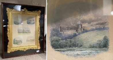 5 MINI WATERCOLOURS IN A GILT FRAME OF PLACES & CASTLES