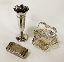 H/M SILVER PIERCED HANDLED DISH WITH A H/M SILVER POSY VASE & A BOX FROM A VANITY SET