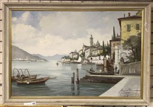 MARIANO MORENO LAKE COMO FRAMED OIL ON CANVAS - 59CMS (H) X 89.5CMS (W) APPROX