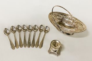 GEORGIAN H/M SILVER RAISED BOWL WITH HANDLE, H/M SILVER TEASPOONS & A WEIGHTED CANDLESTICK (8OZS