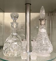 SILVER COLLARED DECANTER & ANOTHER WITH 2 SILVER RIMMED VASES