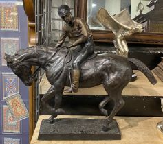 CAST BRONZE HORSE & JOCKEY FIGURE - 53CMS (H) APPROX