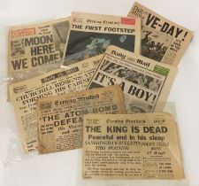 COLLECTION OF RARE NEWSPAPERS INCL. THE ATOM BOMB, VE DAY, 1ST MOON LANDING, DEATH OF THE KING,