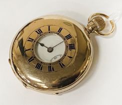 9CT GOLD HALF HUNTER POCKET WATCH - THOMAS RUSSELL & CO - 83.2 GRAMS (TOTAL APPROX)