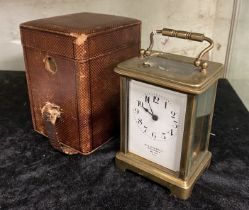 BRASS FRENCH CARRIAGE CLOCK - W.J CARROLL WITH CASE & KEY - 11.5 CMS (H) APPROX