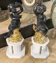 PAIR OF CHERUB BRONZE FIGURES ON MARBLE BASES - 33CMS (H) APPROX