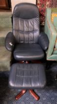 BLUE LEATHER STRESSLESS CHAIR & STOOL