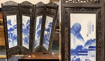 LARGE CHINESE BLUE & WHITE PORCELAIN & WOOD FOUR SECTION SCREEN