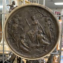 NEOCLASSICAL SCENE IN BRONZE SET IN COMPOSITE MARBLE BASE - BRONZE LOZENGE ON REVERSE