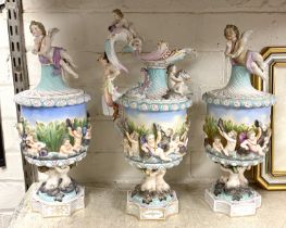 THREE DRESDEN URN TRIO LIDDED FOOTED CUPIDS - A/F