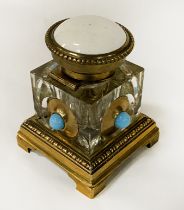 EARLY BRASS & GLASS DECORATIVE INKWELL