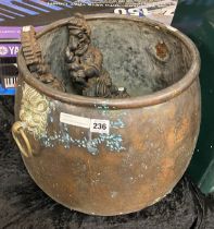 COPPER COAL OR WOOD SCUTTLE WITH PUNCH & JUDY FIRE DOGS (/F)