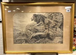 H.A FEASY PRINT - CROUCHING LION & TIGER UPON A HILL - MILITARY INTEREST?