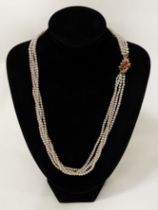 18CT GOLD DIAMOND & RUBY CLASPED PEARL NECKLACE - 20'' IN LENGTH