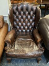 LEATHER WING BACK CHESTERFIELD ARMCHAIR - A/F