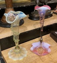 2 EARLY COLOUR GLASS VASES - TALLEST 36 CMS