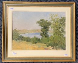 YAKOV GUSLISTYI (1914-1972) ''BY THE RIVER'' OIL ON BOARD 24CM X 32CM