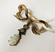 9CT BOW BROOCH WITH OPAL & 2 DIAMONDS