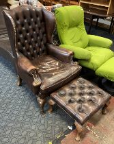 LEATHER WING BACK CHESTERFIELD ARMCHAIR & STOOL