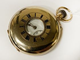 BENSON 9CT GOLD HALF HUNTER POCKET WATCH - WORKING ORDER