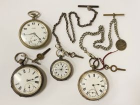 COLLECTION OF POCKET WATCHES WITH FOB CHAINS SOME SILVER