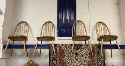 FOUR ERCOL DINING CHAIRS - ONE CUSHION MISSING