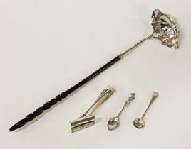 SILVER PUNCH LADLE, TWO SILVER SPOONS & ASAPARAGUS TONGS