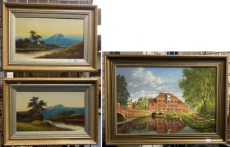 TWO OIL ON BOARDS - LANDSCAPES & OIL ON CANVAS OF MANOR HOUSE - SIGNED 81CM X 60CM