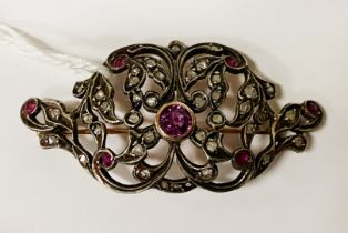 GOLD & SILVER ROSE CUT DIAMOND & AMETHYST BROOCH