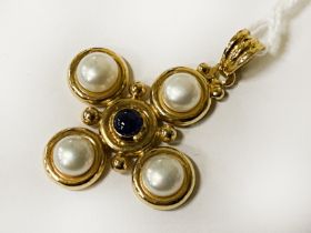 18CT GOLD PEARL & SAPPHIRE PENDANT