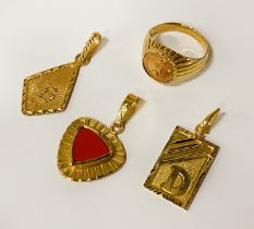 22CT GOLD RING & 3 PENDANTS - APPROX 14 GRAMS TOTAL