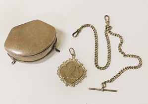 HM SILVER TRINKET BOX, SILVER ALBERT CHAIN & SILVER COIN PENDANT