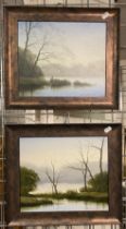 MICHAEL JOHN HILL - PAIR OF OILS ON CANVAS ''EARLY MORNING MIST'' & ''AFTER THE STORM'' - 29 X 25