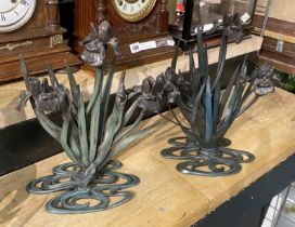 PAIR OF BRONZE ART NOUVEAU STYLE FLORAL CANDLE HOLDERS - 34 CMS (H) APPROX