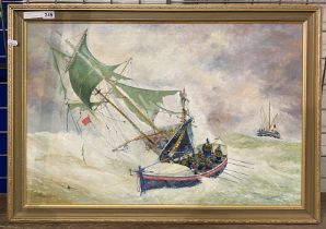 SIGNED OIL ON CANVAS - LIFEBOAT RESCUE - A .CHADWICK 85CM X 60CM