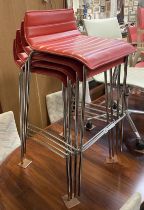 SET OF 4 STACKING RED & CHROME HIGH STOOLS BY ''TASK''