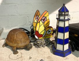 TIFFANY BUTTERFLY LIGHTHOUSE & TORTOISE LAMPS