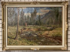 LARGE GILT FRAMED OIL ON CANVAS -Carlo Aimetti -WOODED LANDSCAPE - 100 X 70 CMS APPROX