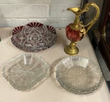 BOHEMIAN CRANBERRY GLASS JUG & 2 BOHEMIAN GLASS PLATES