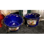 PAIR OF BLUE & BRASS HANDLED PLANTERS WITH FLORAL DESIGN - A/F (FEET MISSING)